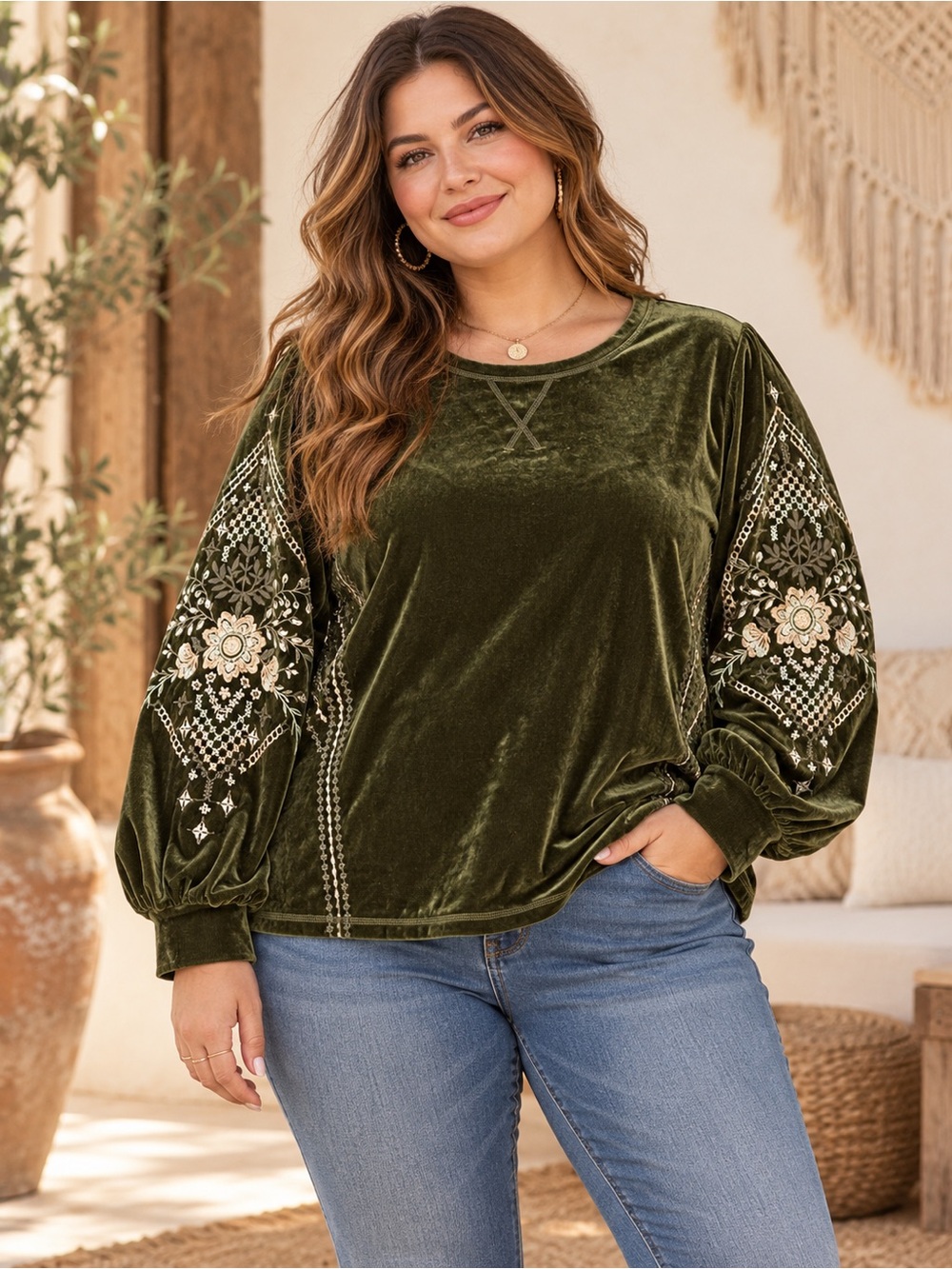 Kate & Sam Blouse Womens 2XL Olive Green Velvet Embroidered Pullover Top